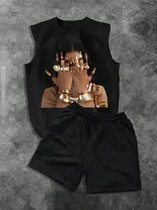 Men's Fashion Casual Two-Piece Set, Sleeveless Print T-Shirt and Drawstring Shorts, Loose Fit Street Style Summer