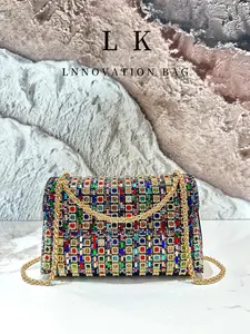 Luxurious Colorful Diamond Evening Bag for Women, Classic Flap Design, Rhinestone Clutch, Wallet, Gold Chain Shoulder Bag