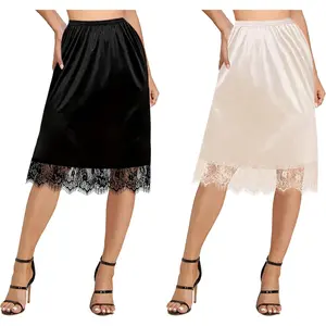 2 Pieces Half Slips for Under Dresses Satin Long Underskirt Soft Slip for Women Skirt Extenders with Lace Trim