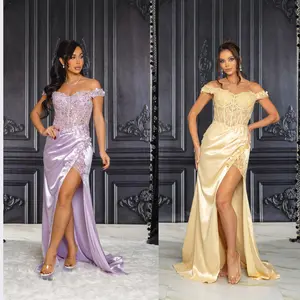 Off-Shoulder Satin Corset Gown with High Slit – Elegant Evening & Prom Dress | La Belle Gina Boutique
