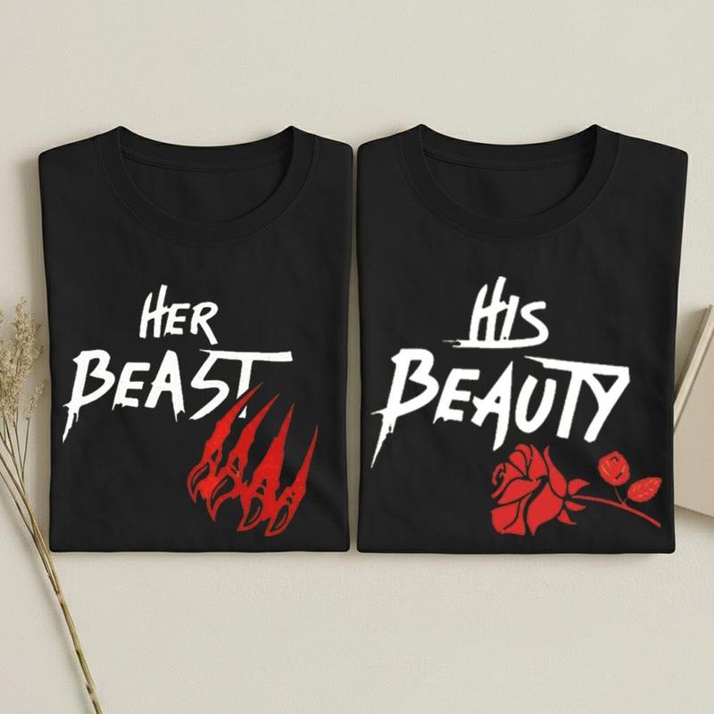 Her Beast His Beauty Couple T-Shirts, Beauty And The Beast Rose T-Shirt, Matching Couple T-Shirt Gift For Valentine’S Day