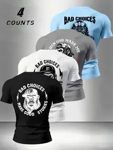 Men's Classic Letter Gorilla Graphic Print Round Neck Short Sleeve T-Shirt Set, Casual Comfortable Top for Summer Outdoor Wear, 4 Piece Pack, Menswear