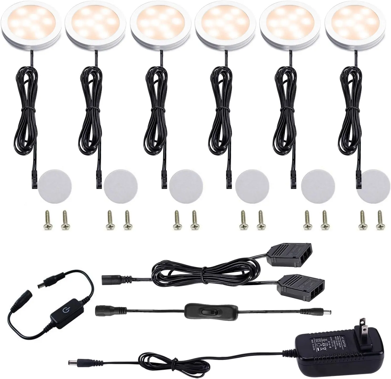 Under Cabinet LED Puck Lights Kit – Touch Switch Dimmable for Kitchen Cupboard Closet Lighting (6 Lights, Warm White)