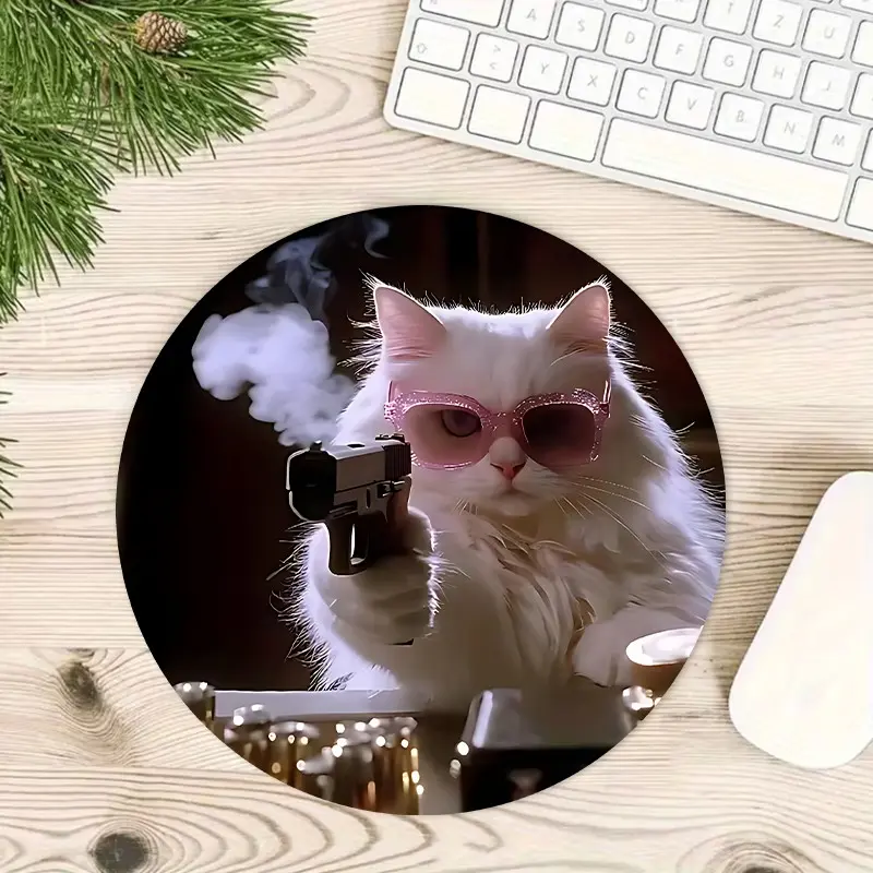 Cool Cat Pattern Mouse Pad, Small Round Retro Gaming Mouse Pad, Non-Slip Rubber Base, Desk Pad for Office Work, Home Desktop Decor, Ideal Gift
