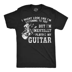 Mens Funny T Shirts I Might Look Like Im Listening To You But Im Mentally Playing My Guitar Novelty Tee For Men Mens Funny T Shirts Cool Vintage Fashion T-Shirt Gift Classic Menswear Funny Music Short Sleeve Black -