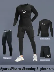 Men's Long Sleeve Sports Clothing Set, Athletic Fitness Clothes, Smiley Logo, Colorful Compression Elastic Shapewear, Loose Shorts, Tight Base Layer, Ideal for Casual Fitness