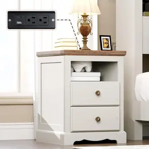 VanAcc Nightstand with Charging Station, 18" Wide End Table with 2 Drawers and 1 Open Storage Shelf, Wood Rustic Sofa Side Table for Bedroom, Living Room