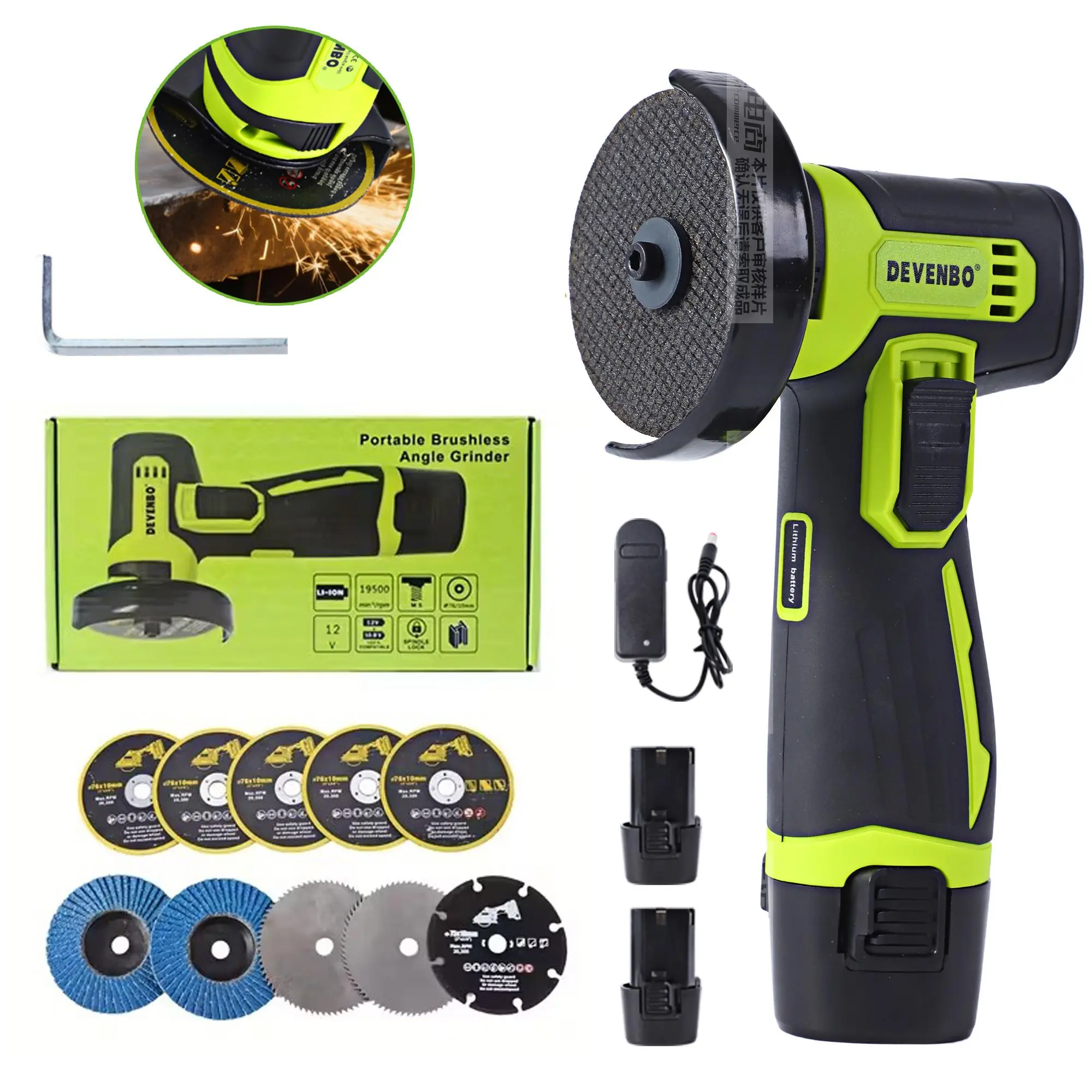 Devenbo Power Tools 12V cordless mini brushless angle grinder kit with 10 cutting blades 2 12V batteries 19500 RPM/min cutting grinding polishing electric heavy duty christmas gift Power Tools Ratchet Wrench Set Drill Hammer Impact Light and High-Power