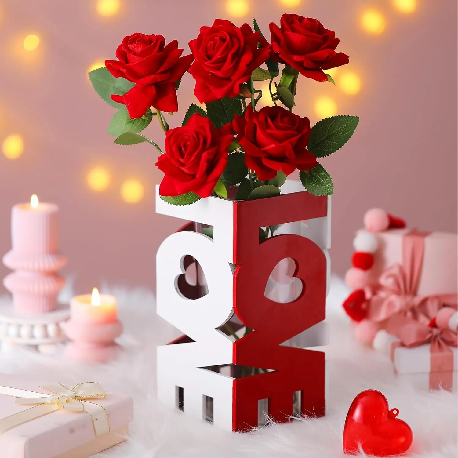 Valentine Day Flower Vase Love Shaped Hollow Flower Vase Valentine Table Decoration Centerpiece Love Glass Cylinder Vases for Home Valentine Day Gift for Mother Day Women Birthday Anniversary Wedding