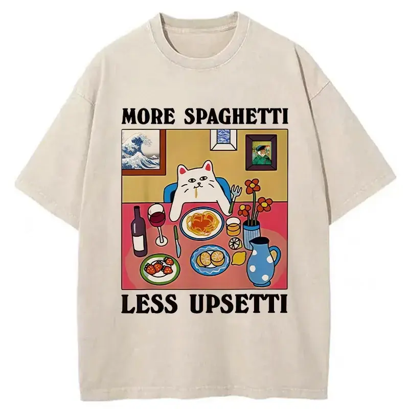 More Spaghetti Less Upsetti T-Shirt, Japanese Style Clothing, Retro Oversized Y2K Humor Meme Shirt, Funny Gifts For Women, For Men