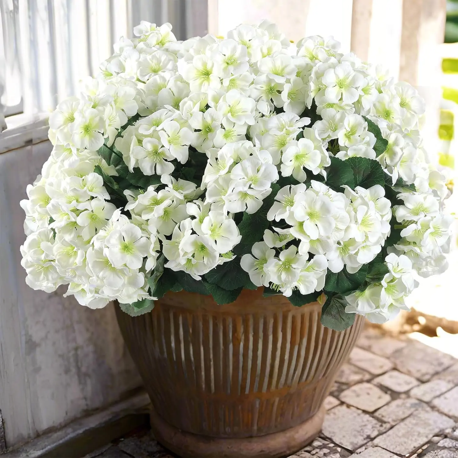 Artificial Geranium Fake Flowers for Outdoors Decoration, 12 Bundles Silk Geraniums White Flower UV Resistant Look Real Faux Plants for Front Door Garden Porch Planter Patio Balcony Yard Indoor Home