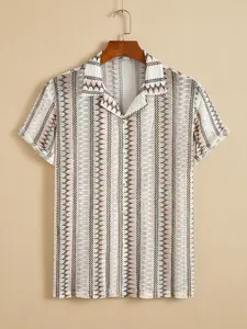 Men's Cuban Collar Knitted Jacquard Geometric Stretch Short Sleeve Shirt, Casual Loose Breathable Soft Button Down, Summer Beach Top