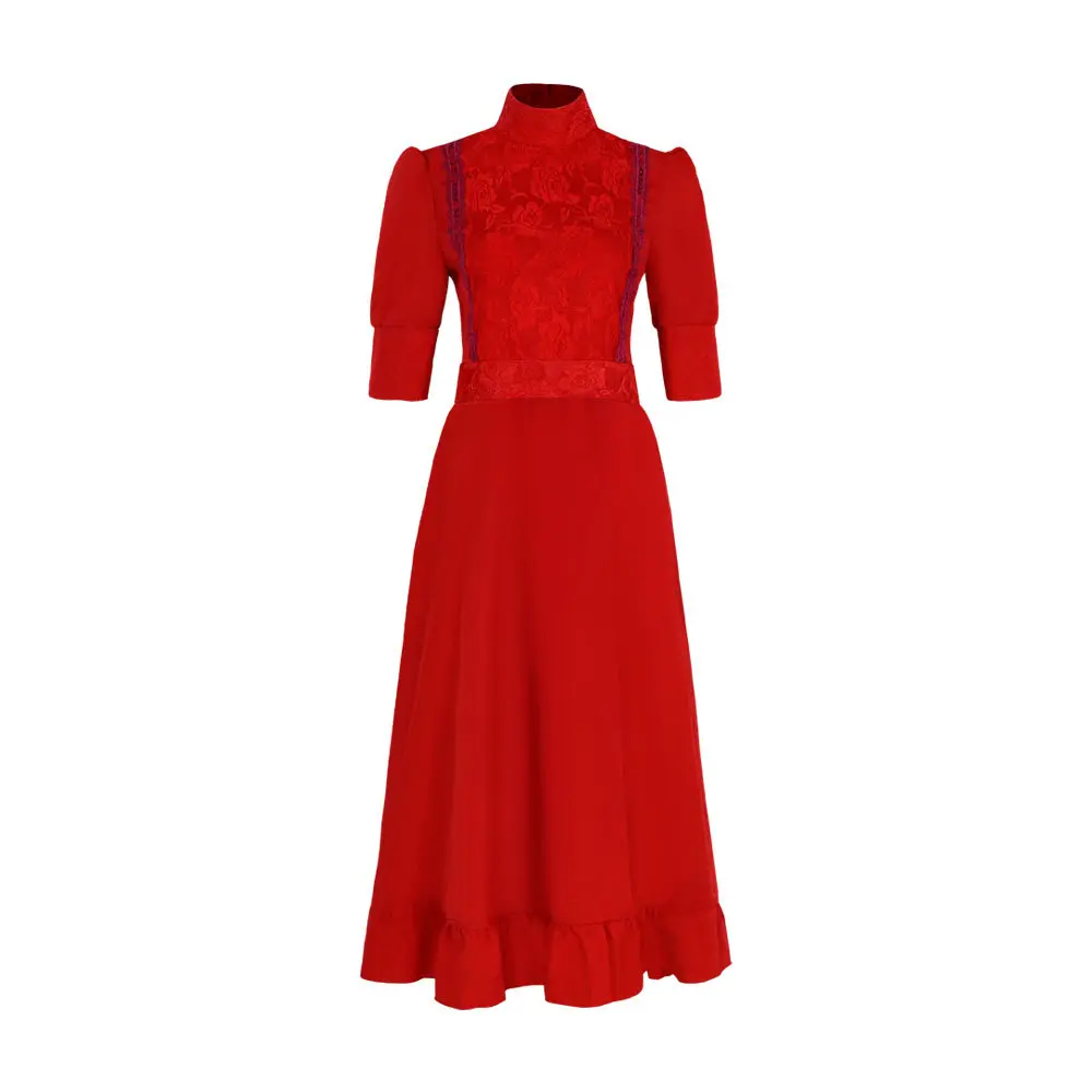 Pearl Vintage Red High Neck Lace Dress Cosplay Costume for Horror Comic Con