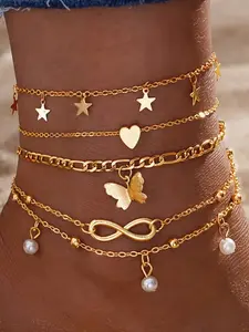 4PCs Women's Elegant Faux Pearl Double Layer Anklet, Butterfly & Heart & Star Decorated Anklet, Fashion Trendy Exquisite Jewelry for Beach Party for Gift
