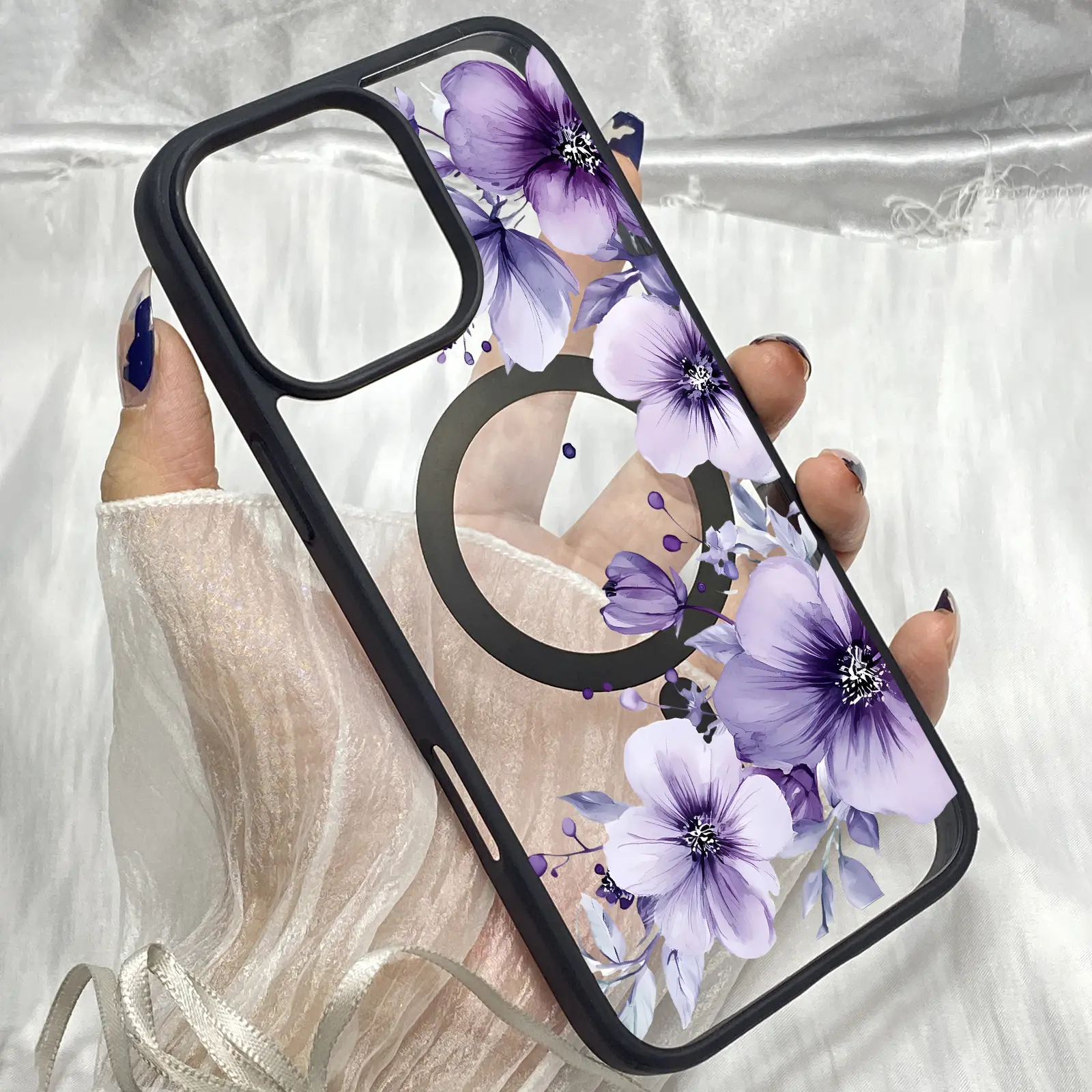 M78 Purple Flowers Illustration Transparent MagSafe-Compatible Hard Smartphone Casing - Magnetic Wireless Charging Handheld Device Cover, Protection for iPhone 11,12,13,14,15,16,17 Pro Max Plus,17 Air, Devices