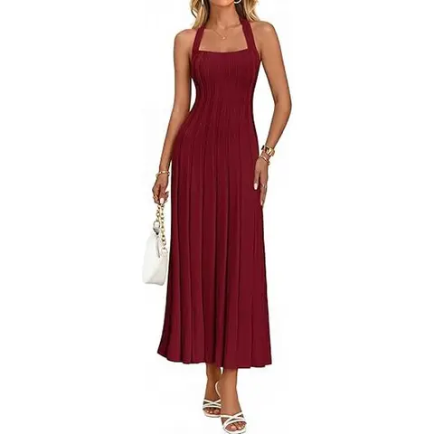 MEROKEETY Women's 2026 Spring Fitted Backless Halter Ribbed Knit Sleeveless Bodycon Midi Dress - Casual, Evening, Party Wear, Chic Clothing Piece