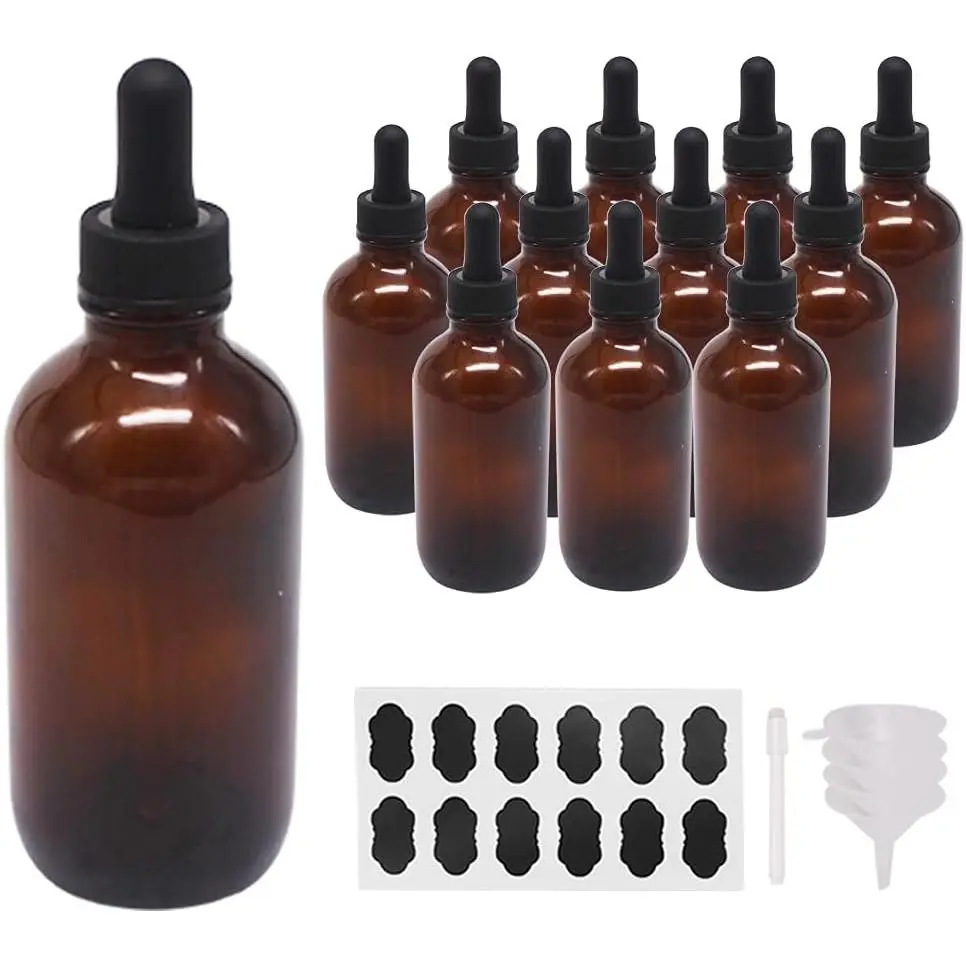 12 Pack 4oz Glass Dropper Bottles for Essential Oil 120ml  Round Boston Bottle With Black Eye Dropper for Massage Oil, Perfume & Lab, Refillable Glass Bottle for Travel