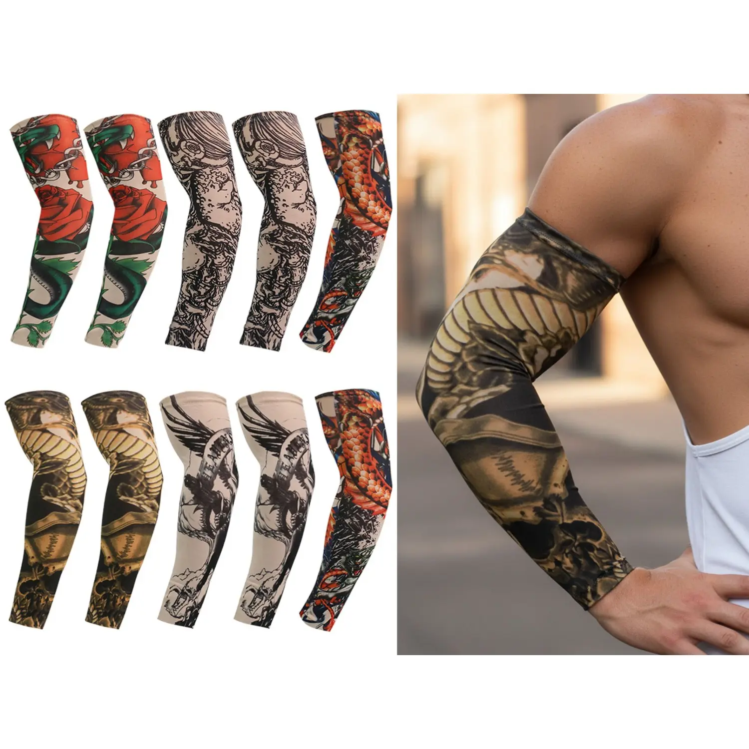 10Pcs Men Women Summer Tattoo Arm Sleeves Ice Silk UV Protection Breathable Stretch Cooling Arm Cover For Outdoor Sports