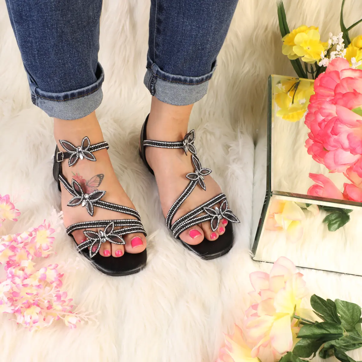 LUNA-29 WOMAN SANDAL OPEN TOE RHINESTONE EMBELLISHED BUTTERFLY DESIGN WITH AN ANKLE STRAP FLAT HEEL