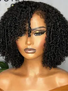 Fashion Natural Black Glueless Soft 14-Inch Short Bob Wig, 180% Density, 13x4 Front Lace, Super Kinky Curly,Preplucked，Free Part， Heat Resistant, Daily Use