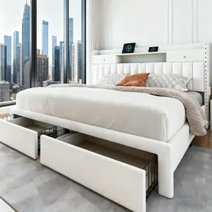 TryLazy Upholstered Flatform Bed Frame with 4 Storage Drawers No MATTRESS Queen Size Wood Slats Holds 900lbs No Noise Rivet Design USB Socket White