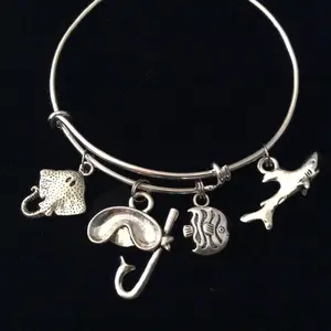 Snorkeling Expandable Silver Charm Bracelet Adjustable Bangle Sting Ray Shark Fish Ocean Nautical Gift