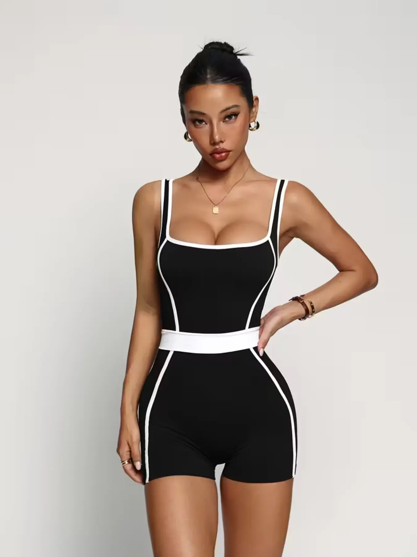 Women's Sporty Colorblock Jumpsuit Shorts, Running Cycling Gym Yoga Wear, Workout Jumpsuit, Above the Knee Plain Design, All-Season Fashion, Sportswear Jumpsuits, Sleeveless Workout Jumpsuit
