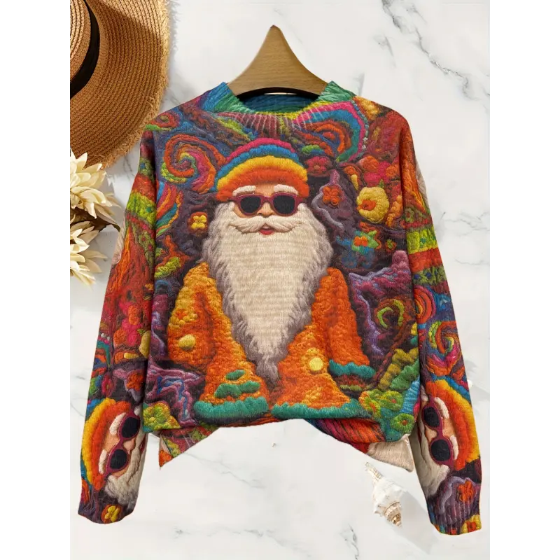 [holiday sweater] Women'S Casual Crew Neck Long Sleeve Sweater, 3D Hipster Santa Claus All-Over Print, Thick Knit Polyester 60% Spandex 40%, Slight Stretch, Fall/Winter Fashion Top
