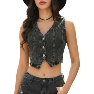 Denim Vest Top for Women Western Sleeveless V Neck Button Down Cropped Jean Vests