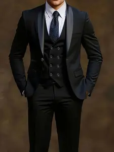 Men'S 3pcs Suit Set - Formal Business Attire with Slim Fit, Long Sleeve, Solid Color, Fake Buttons, Lapel Collar, All-Season Wear, Wedding, Work Uniform, Wedding Attire|Slim Fit Suit|Sleek Appearance, Men Suit, Complete Suit For Men, Menswear, Collared