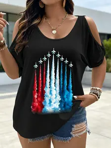 Women's Plus Size Cold Shoulder T-Shirt, Red White Blue Airplane Jet Smoke American Flag Patriotic Graphic Tee, USA 250th Anniversary Casual Summer Top