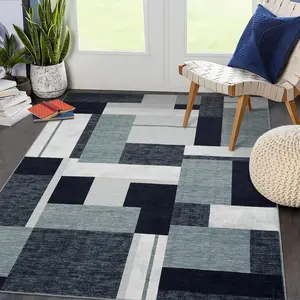 【GARVEE】Area Rug 5x7 Modern Washable Rug Non-Slip Color-Blocked Floor Mat Contemporary Boxes Print Living Room Rug Indoor Soft Low Pile Throw Carpet for Bedroom Home Office Nursery Dorm Black
