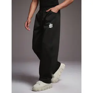 Men's Black Sweatpants with Logo, Loose Fit Joggers Pants with Drawstring Waist, Casual Athletic Trousers for Gym, Running, Training, Comfortable  Blend Fabric, Streetwear Style, Versatile Loungewear for Men