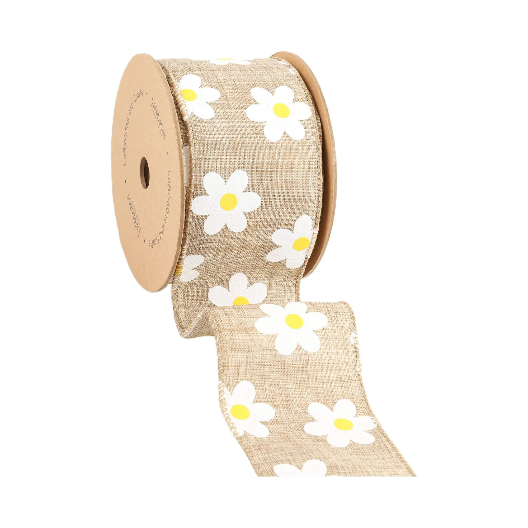 2 1/2" Wired Ribbon | Natural Linen w/ White Daisy | 10 Yard Roll Spring decor Easter Day decor outdoor decor wrapping gifts