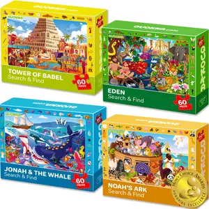 QUOKKA 4 Set 60 Piece Kids Puzzles Ages 5-8 - Tower of Babel, Noah`s Ark, Eden - Toys for Children