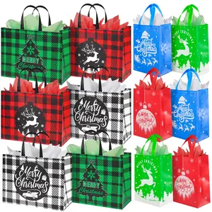 12 Pcs Assorted Christmas Gift Bags with Tissue Paper, Reusable Christmas Tote Bags with Handles, Non-Woven Christmas Goodie Bags for New Year Christmas Decor (6 Medium and 6 Extra Large)