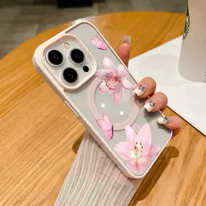 Flower Butterfly Printed Clear Magnetic , Wireless Charging Compatible with MagSafe Soft Protective Cover ForiPhone17/16/15/14/13/12/11/X/XS pro max plusSamsungS22/S23/S24/S25FE PLUS ULTRA