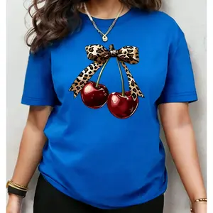100% cotton women's floral casual round-neck plus-size short-sleeve T-shirt, long and stylish, with a sweet and cool vibe. Features leopard print, bow, and cherry pattern. Suitable for one season