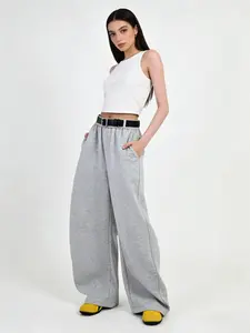 A women's grey elastic waistband drawstring design curved-cut casual comfy baggy wide-leg pants, Casual Chic Trousers, suitable for both indoor and outdoor wear, for commuting, outings and traveling.