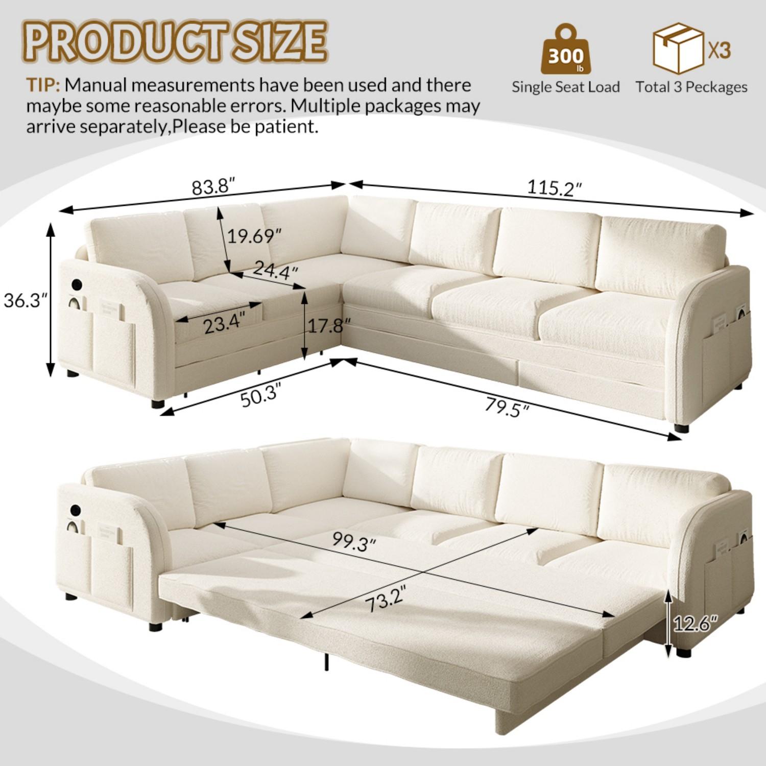 【3 Packages shipping】115.2" 6 Seat L-Shape Modular Couch with Pull-Out Bed,Oversize Convertible Sleeper Sofa with side Pocket & USB Port,Teddy Upholstered Sectional Couches,Convertible Sofa Lounge bed,For Apartment,Office,living room furniture