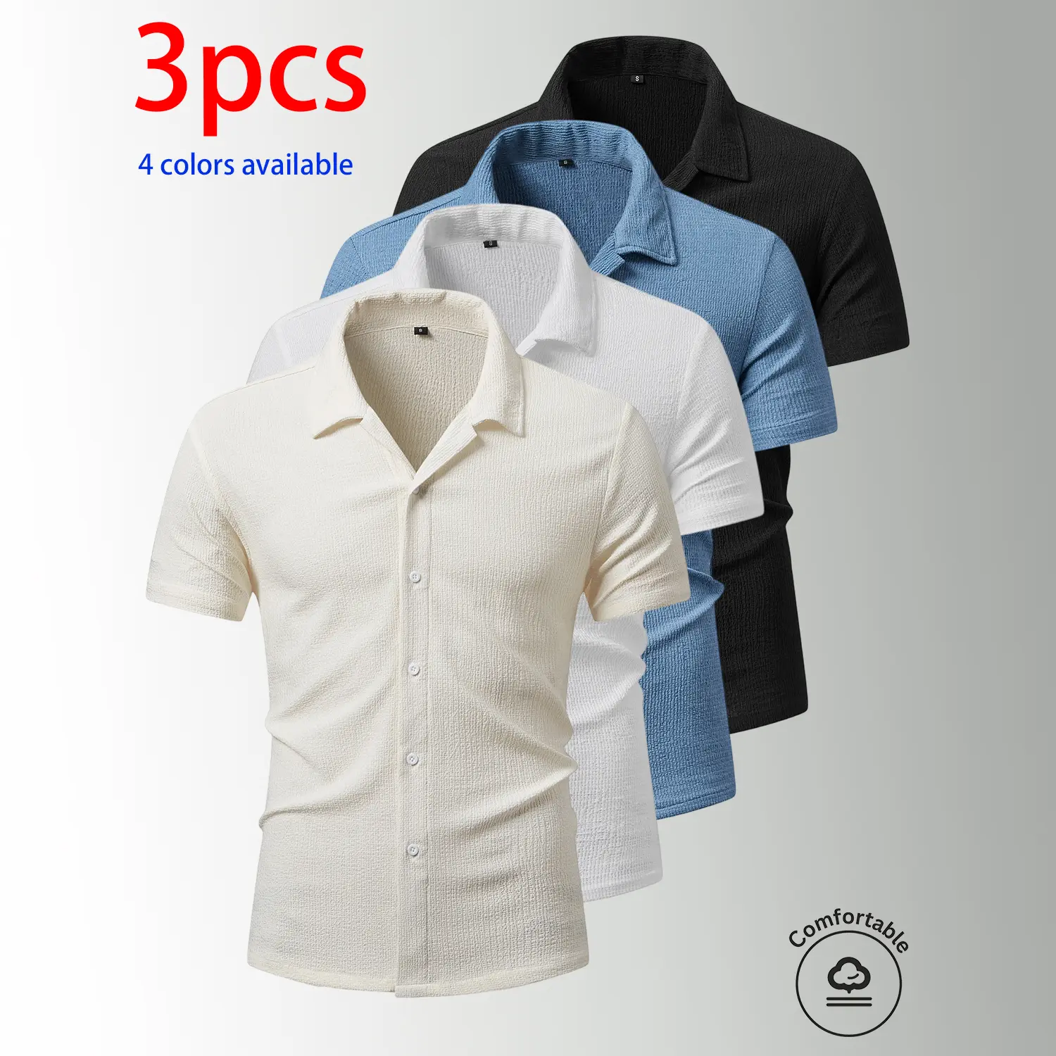 3-pack men’s short-sleeve shirts, men’s shirts.Elastic stretch fabric with spandex; solid color lapel design with single-breasted button closure. Loose fit that flatters the figure, comfortable and breathable with a lightweight feel. A simple, versatile p