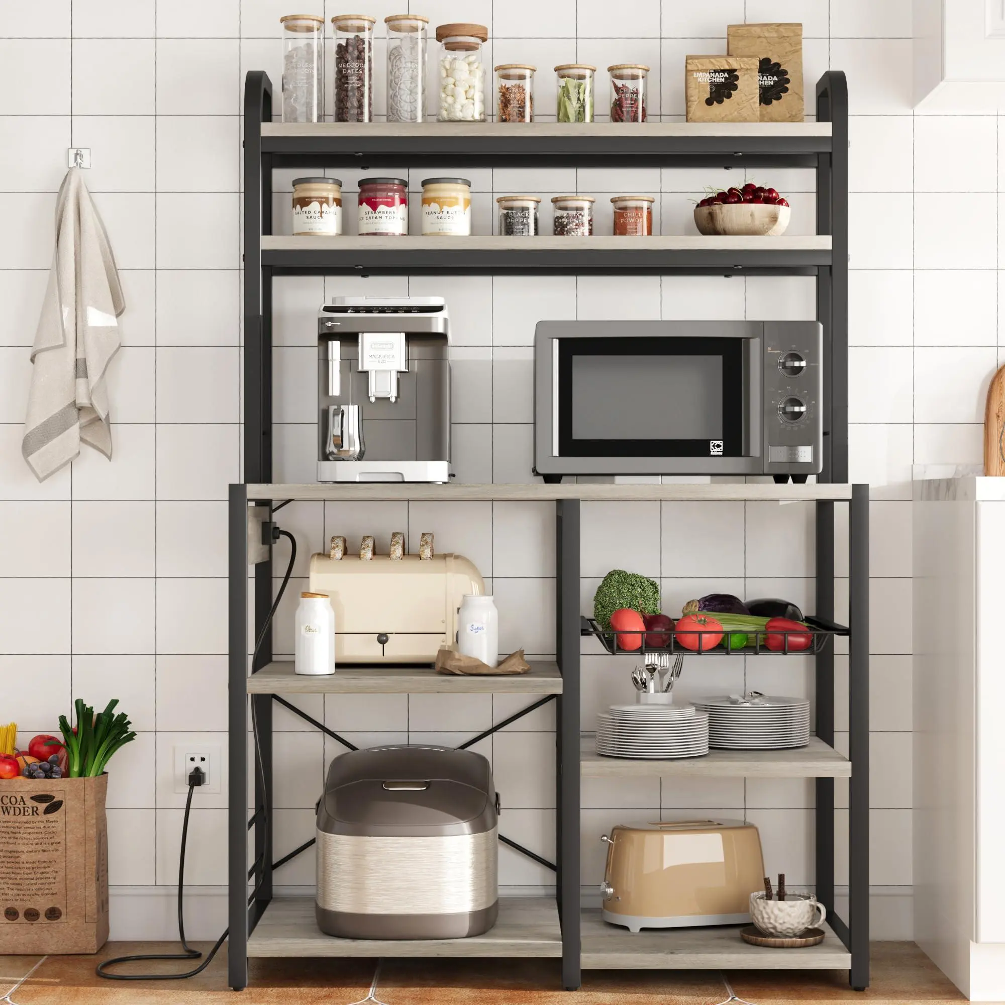 6-Tier Children's Bookcase with Electrical Outlet, Open Shelf Spice Rack, Ample Storage for Books, Toys, and Microwave, Ideal for Kitchen, Living Room, or Dining Room, Gray
