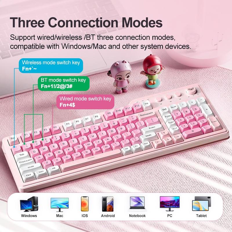 AULA F3099 three-mode wireless keyboard, 99 keys, RGB lighting effect, multi-function knob, light tone film design, compatible with Windows/Mac/iOS system, compatible with computers, notebook computers and mobile phones.
