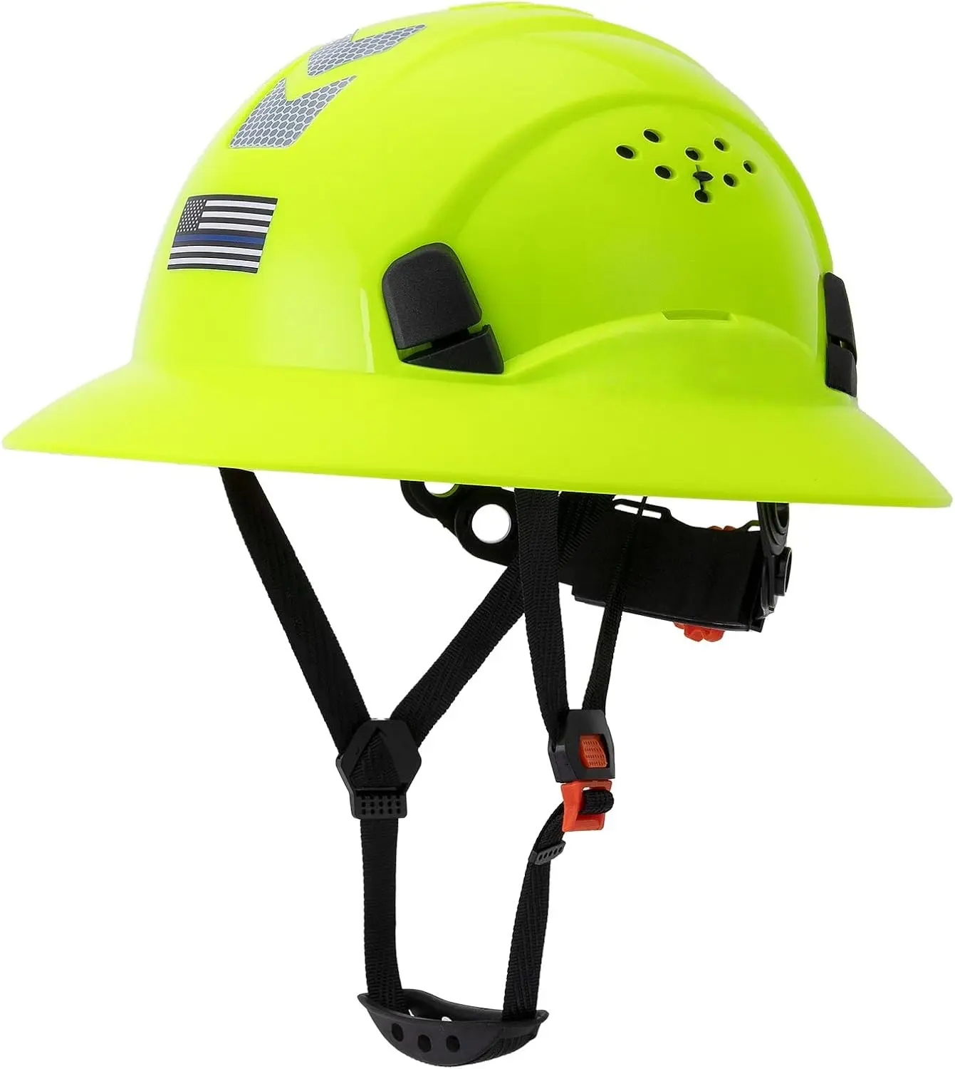 Full Brim Hard Hat, Lightweight with Advanced Ventilation System, Ratchet Fit & 360° Reflective Strips for Construction & Outdoor Work, Full Coverage Protection, Construction Gear, Ventilation Vent, Sun/Rain Shield, 360° Refl