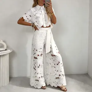Women's 2026 Retro Lace Outfit Set Short Sleeved Blouse Tops & Tie-up Pants Two-Piece Embroidery Hollow Temperament Suit for Casual & Special Occasions Chic Womenswear - Trouser, Clothes