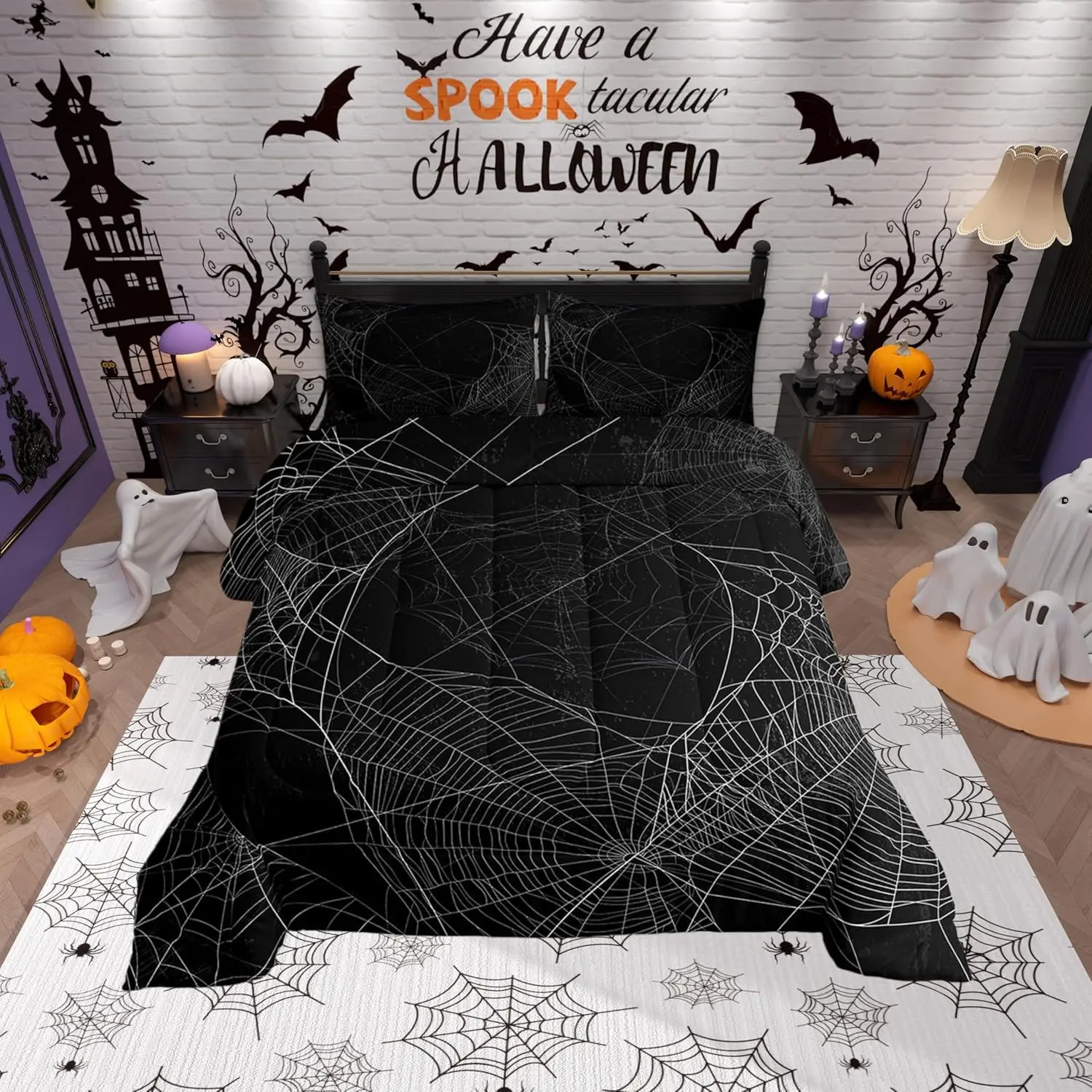 Feelyou Spider Web Pattern Quilted Duvet Set - Breathable Microfiber Decorative Bedding Set, Comforter Queen Size, Halloween Theme Bedding for Kids and Adults, Breathable Duvet Set, Microfiber Bedding Set