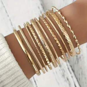 10 Pcs/set Simple Casual Carved Texture Bracelet Combination Gold and Silver Color Optional Ornament, Suitable for Women's Daily Wear