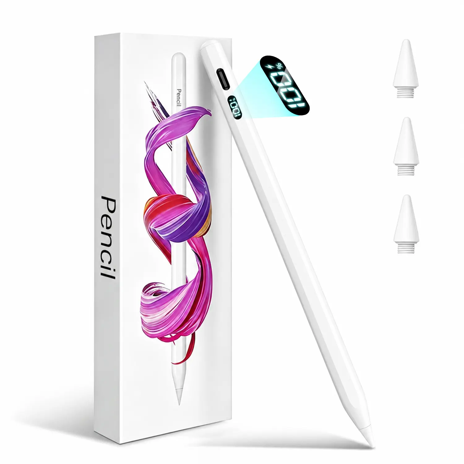Stylus Pen for iPad 2018 & Later with LED Battery Display, Palm Rejection, Tilt Sensitivity, Magnetic Attachment, USB-C Fast Charging, No Lag Digital Pencil with Replaceable 1.5mm Tip for iPad Pro Air Mini