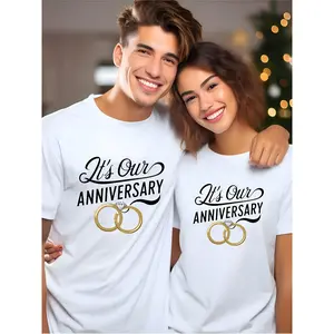 1PC Couple Round Neck Printed T-Shirt, This Is Our Wedding Anniversary Celebration Couple Pattern, Suitable for All Seasons, Machine Washed, Suitable for Couples, Dating, Home, Daily, Leisure, Anniversary, Gift, Tangent