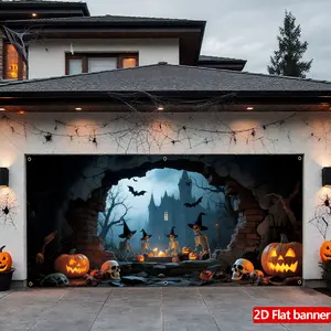 Large Halloween Garage Banner, Yard Sign Banner, Moonlit Forest & Ghost Castle Scene, Durable Polyester Material, Perfect for Party Decorations